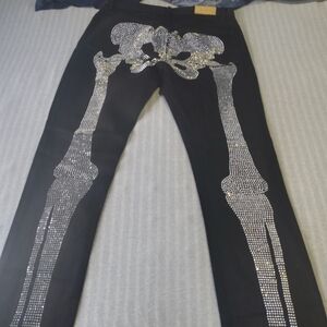 MNML Black Rhinestone Skeleton Men Jeans